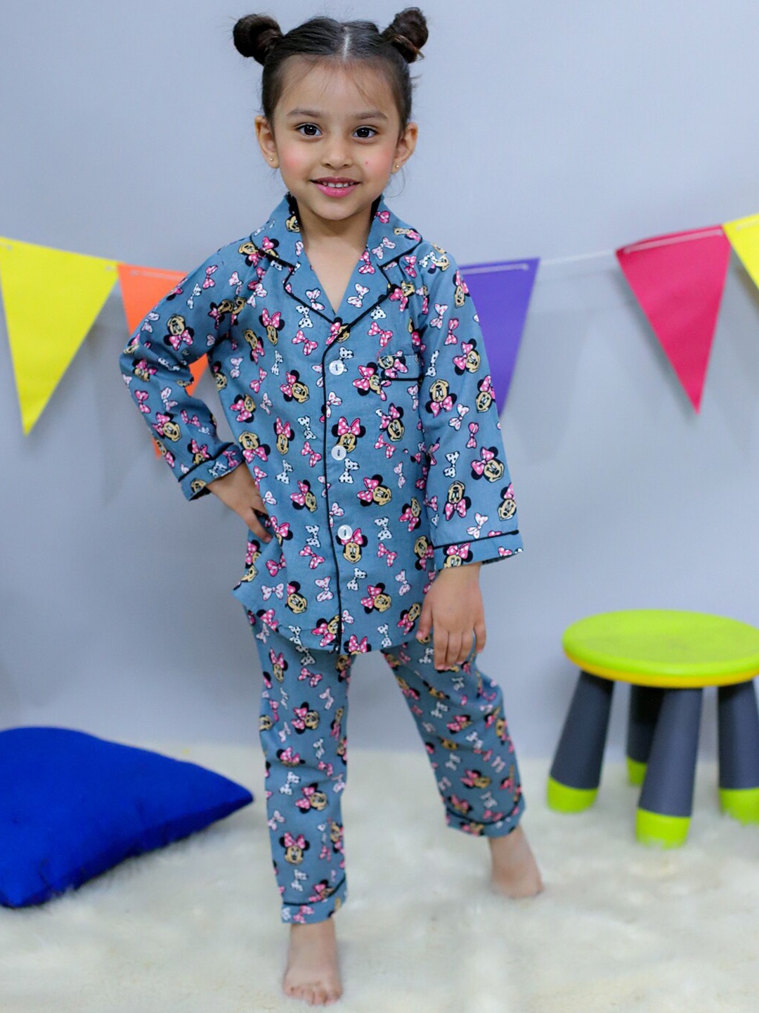 

JUNITOS Girls Minnie Mouse Printed Pure Cotton Night suit, Grey