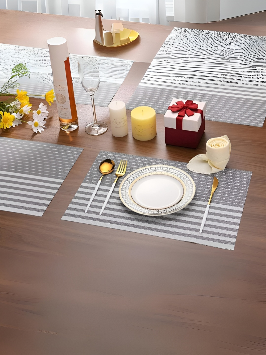 

UniKart Grey & White 8 Pieces Striped Waterproof Rectangle Table Placemats
