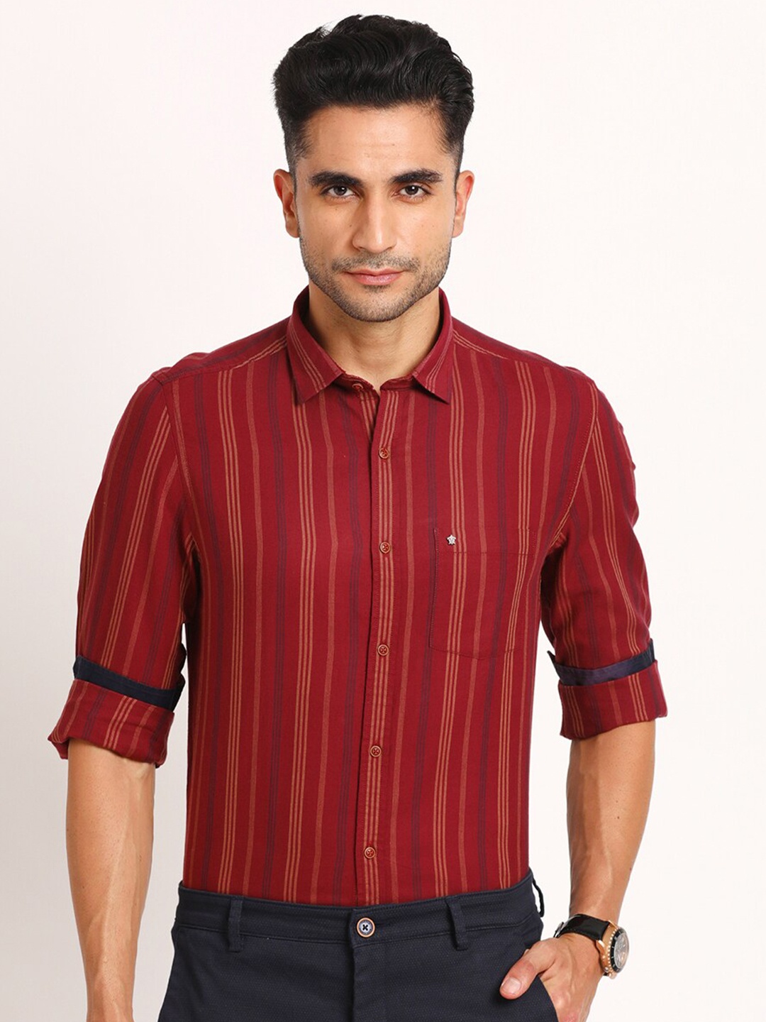 

Turtle Spread Collar Long Sleeves Relaxed Slim Fit Cotton Striped Casual Shirt, Maroon