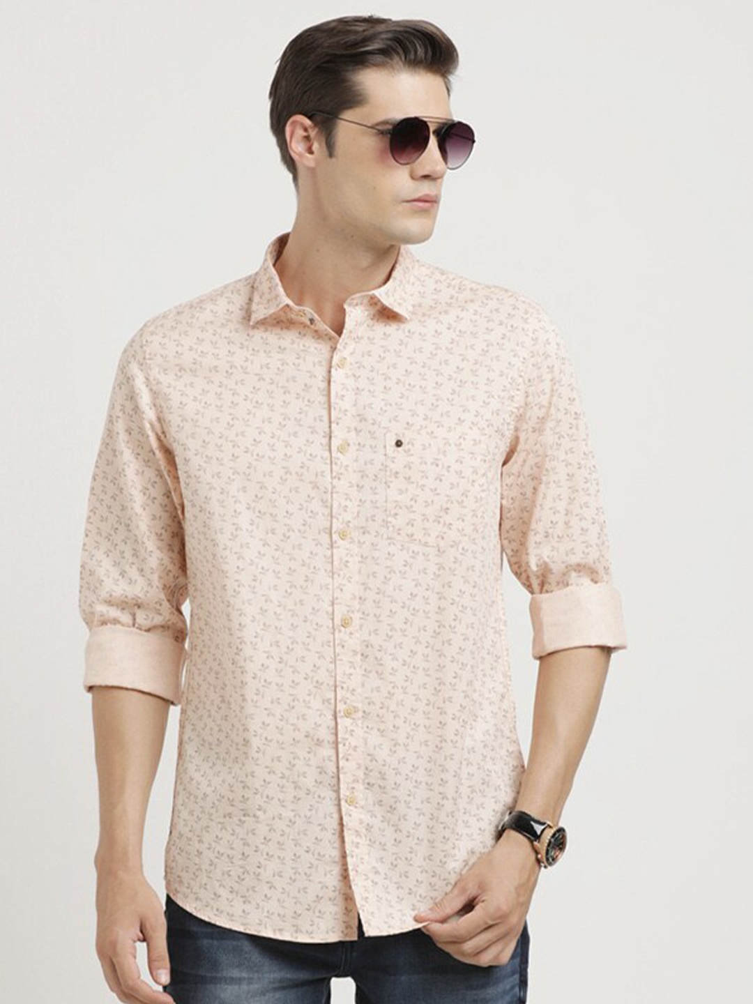 

Turtle Relaxed Spread Collar Slim Fit Opaque Printed Casual Cotton Shirt, Peach