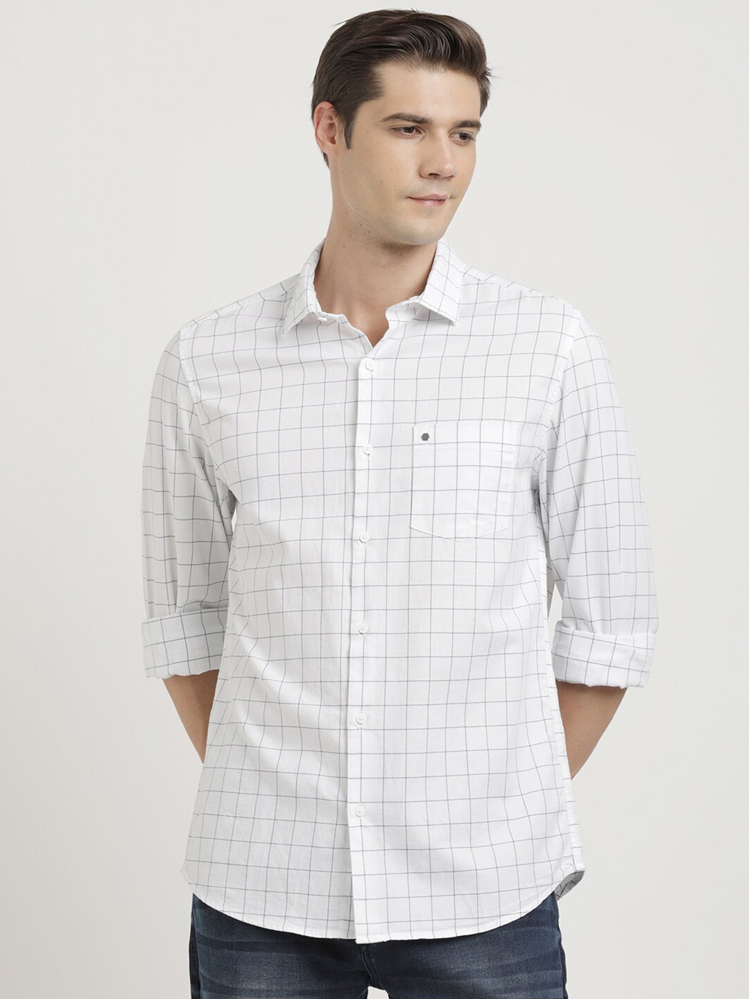 

Turtle Relaxed Spread Collar Slim Fit Grid Tattersall Checks Checked Cotton Casual Shirt, White