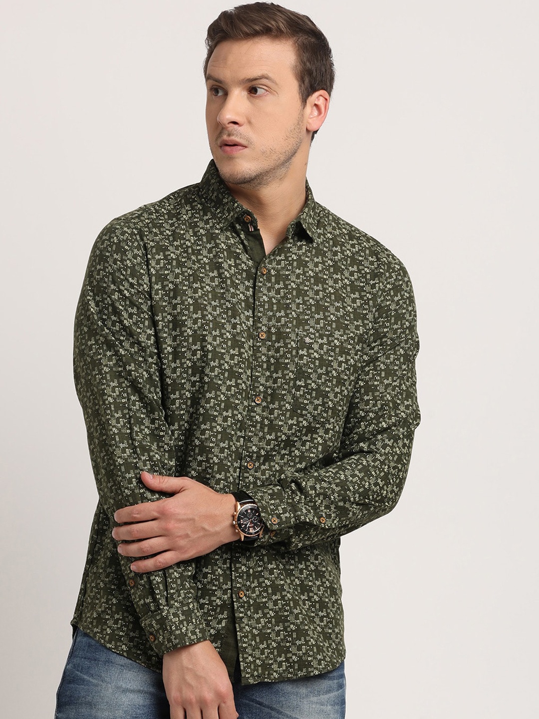 

Turtle Spread Collar Long Sleeves Relaxed Slim Fit Floral Printed Cotton Casual Shirt, Olive