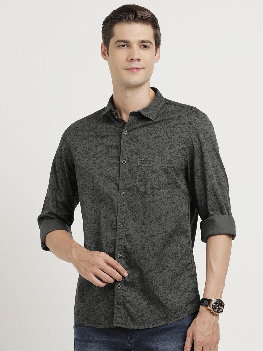 

Turtle Printed Relaxed Slim Fit Pure Cotton Casual Shirt, Grey