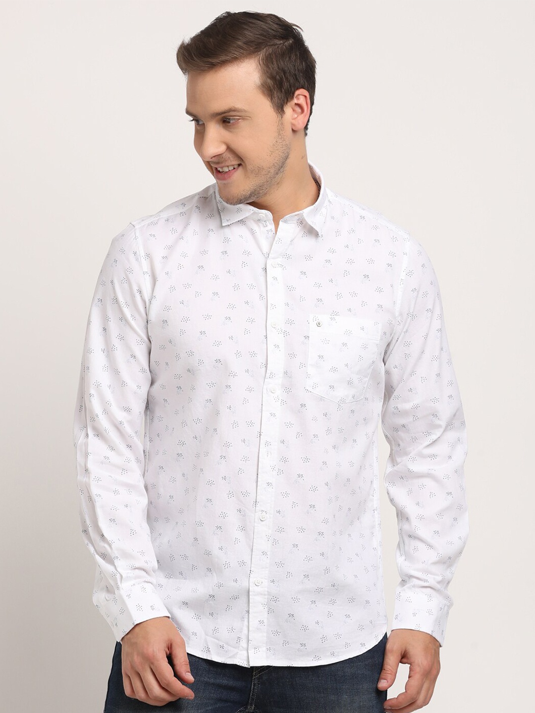 

Turtle Floral Printed Relaxed Slim Fit Pure Cotton Casual Shirt, White
