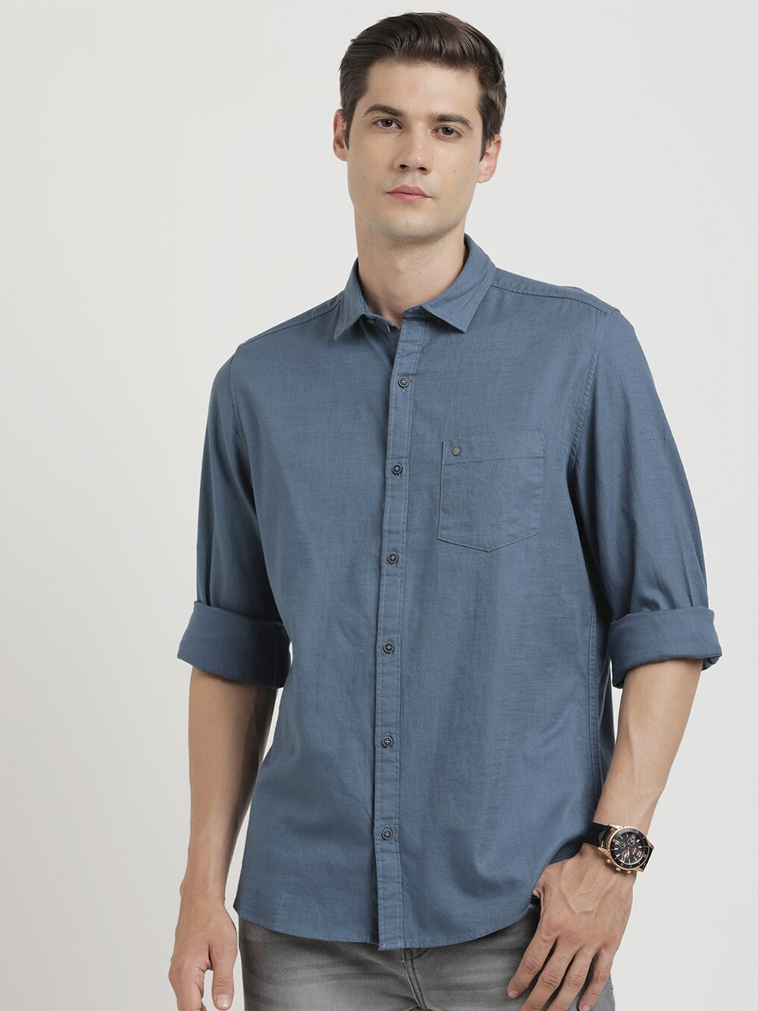 

Turtle Relaxed Spread Collar Slim Fit Opaque Cotton Casual Shirt, Blue