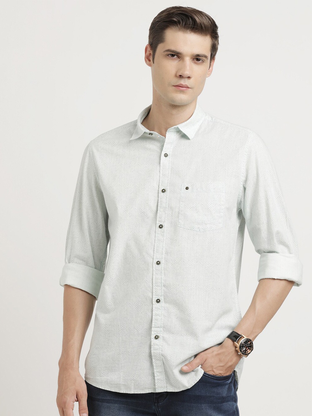 

Turtle Self Design Relaxed Slim Fit Pure Cotton Casual Shirt, Grey