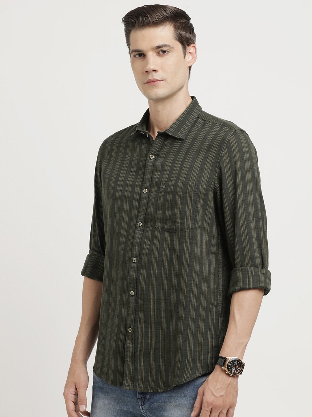 

Turtle Striped Relaxed Slim Fit Pure Cotton Casual Shirt, Olive