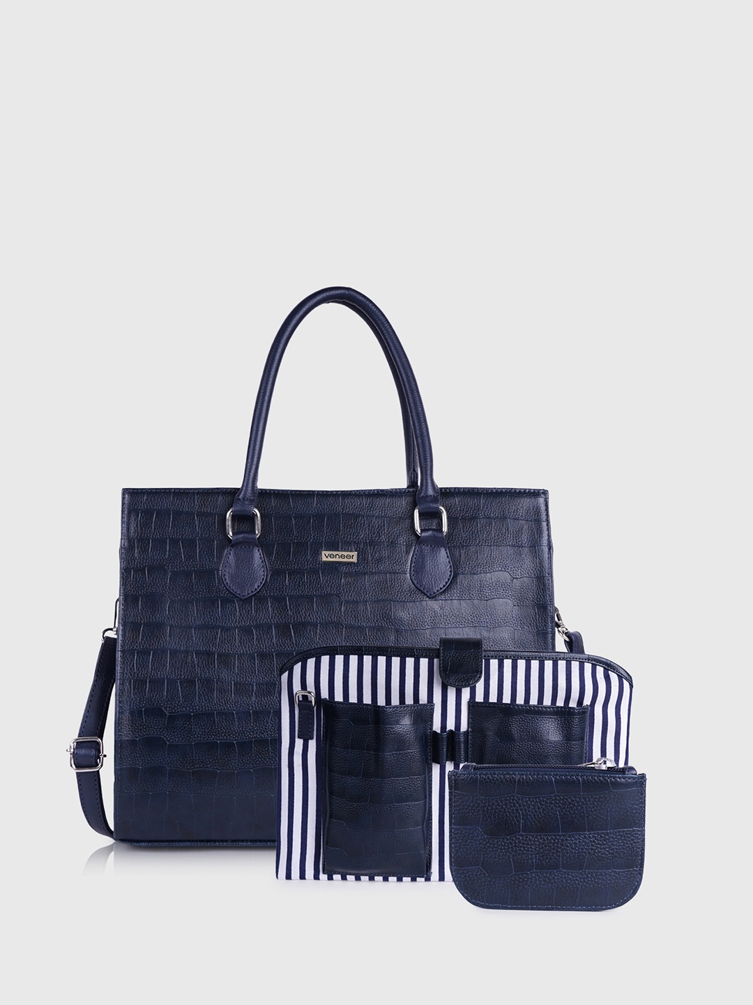 

Veneer Textured Structured Tote Bag With Detachable Laptop Sleeve And Wallet, Navy blue