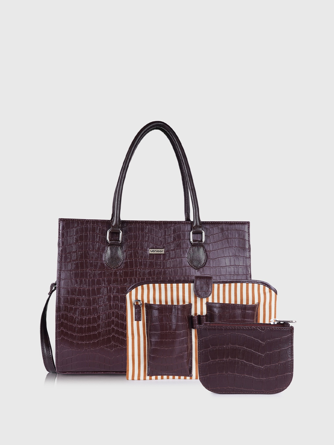 

Veneer Textured Structured Tote Bag with Detachable Laptop Sleeve & Wallet, Brown