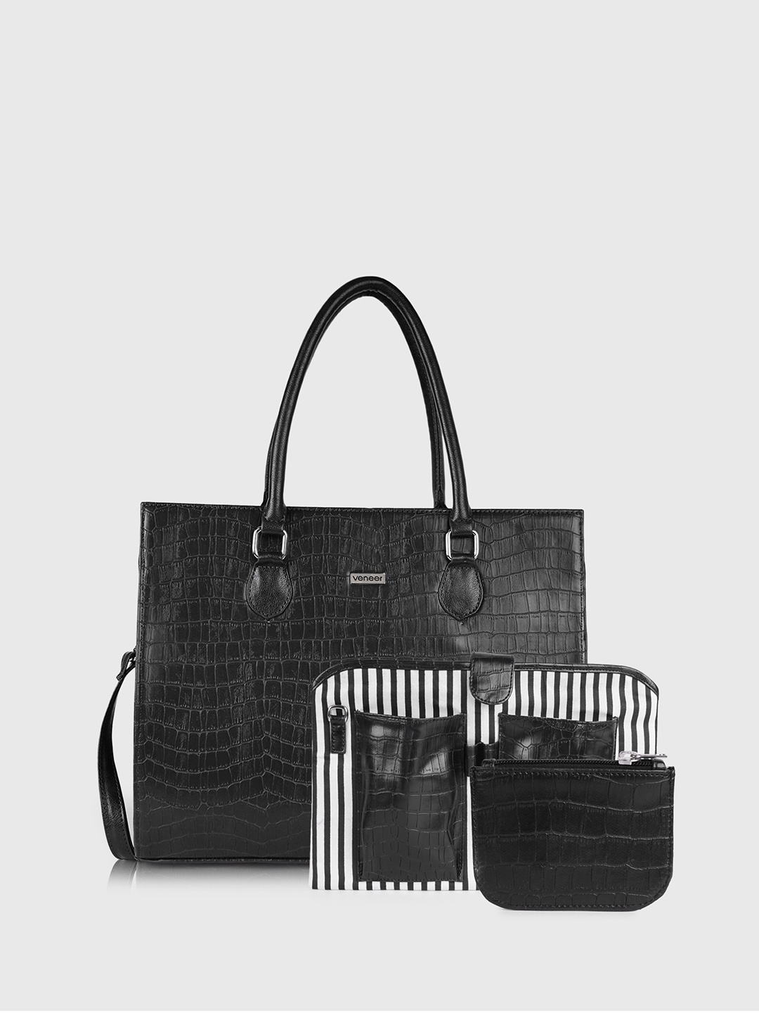 

Veneer Textured Structured Tote Bag with Detachable Laptop Sleeve & Wallet, Black