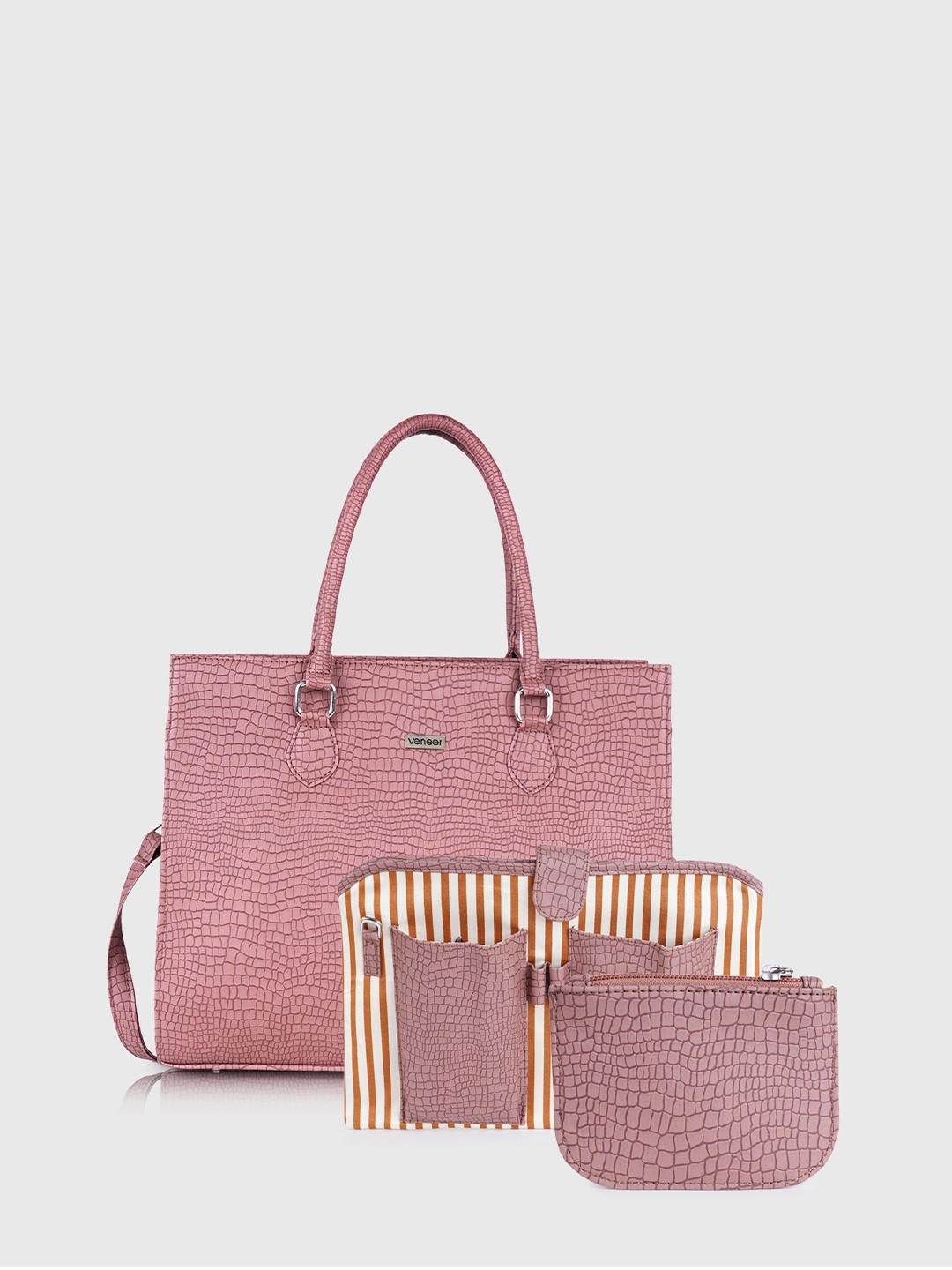 

Veneer Textured Structured Tote Bag with Detachable Laptop Sleeve & Wallet, Peach