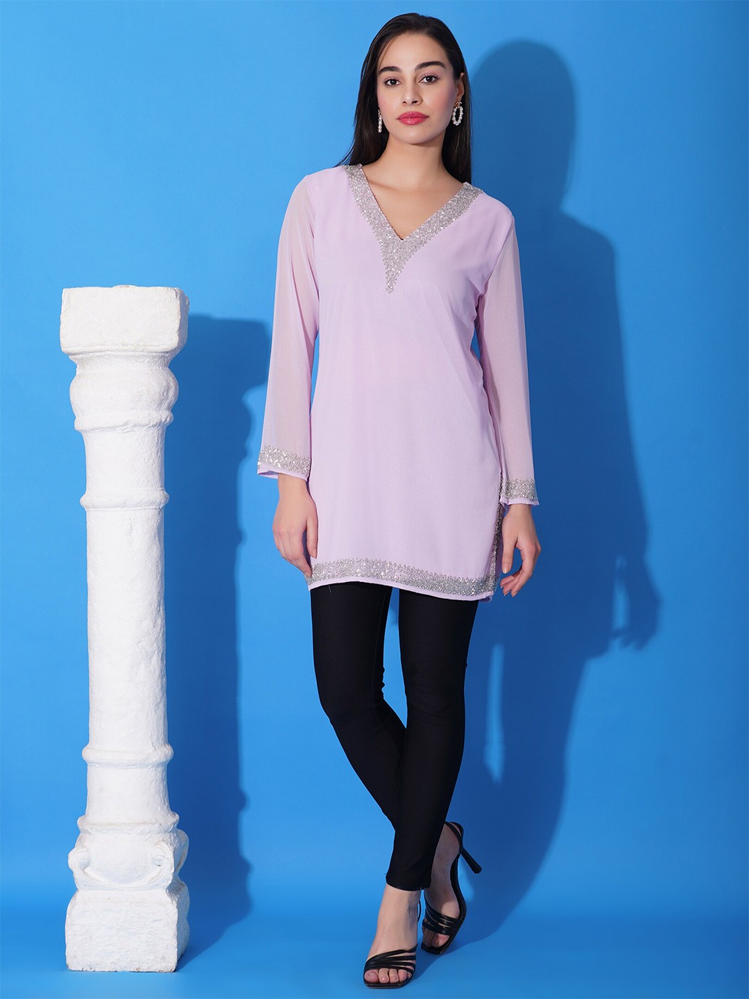 

DEBONATELLA Beads and Stones V-Neck Pure Georgette Straight Kurti, Lavender