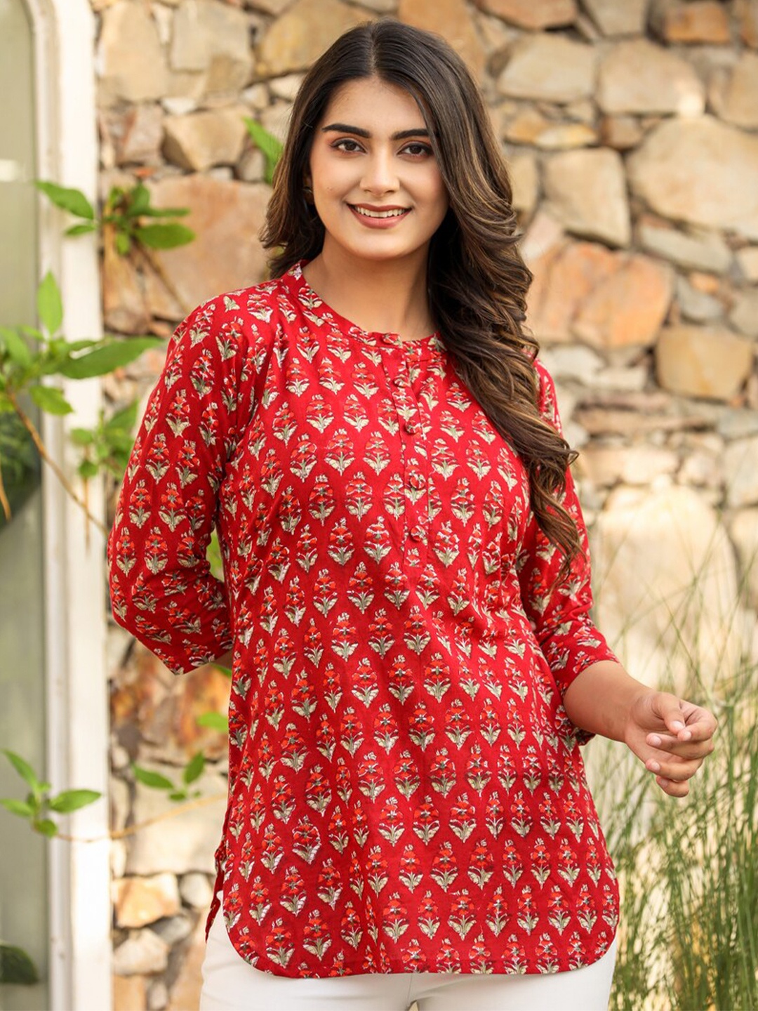 

Jaipuri Adaah Mandarin Collar Printed Cotton Tunic, Red