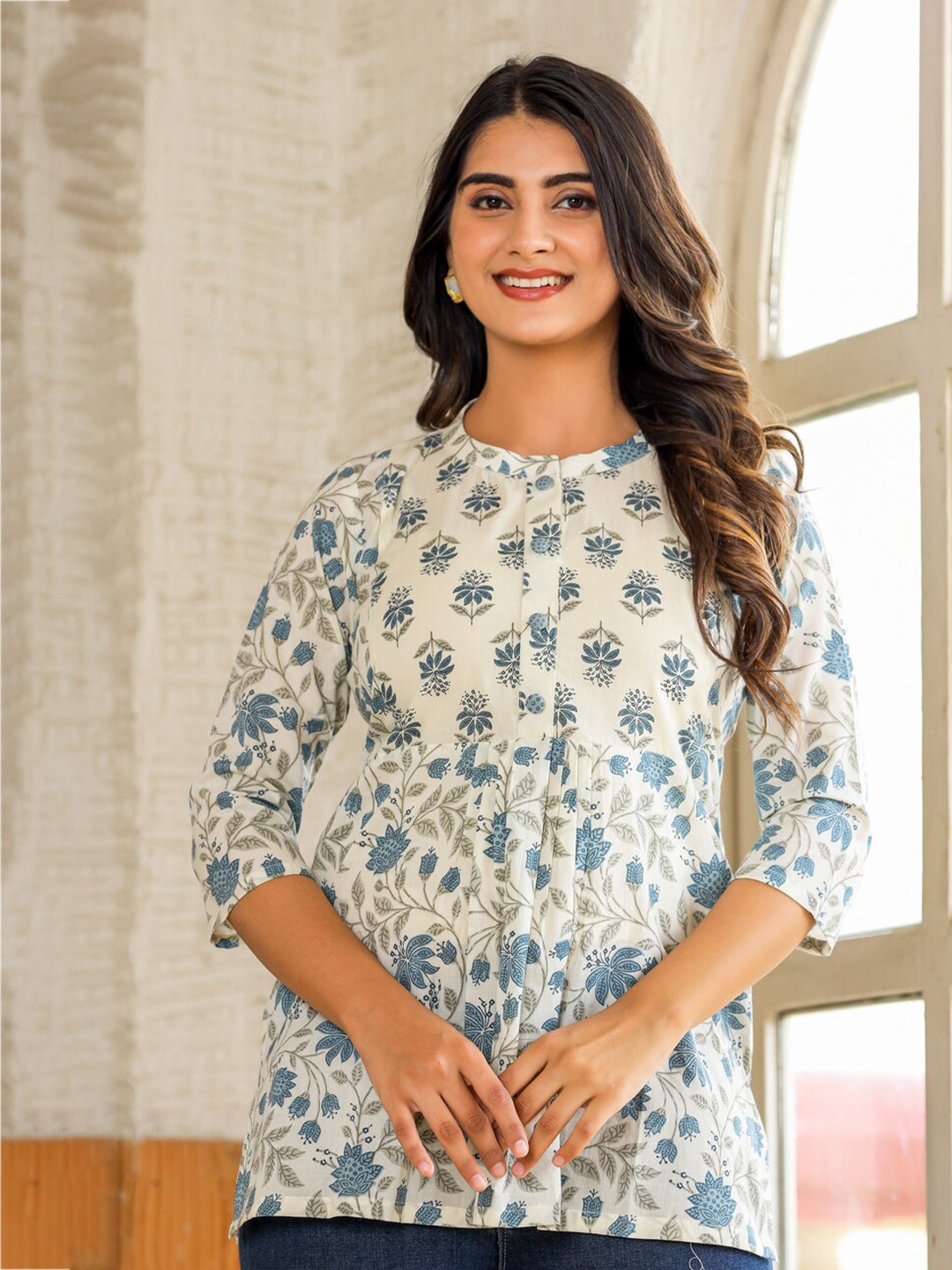 

Jaipuri Adaah Printed Mandarin Collar Cotton Tunic, Off white