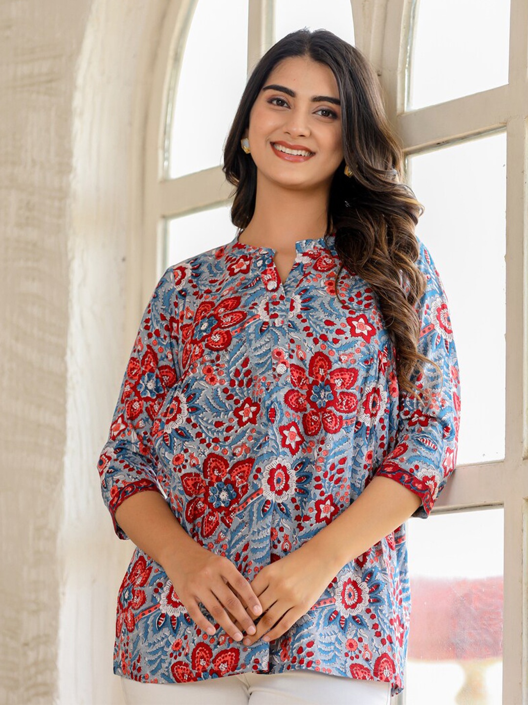 

Jaipuri Adaah Printed Mandarin Collar Cotton Tunic, Blue