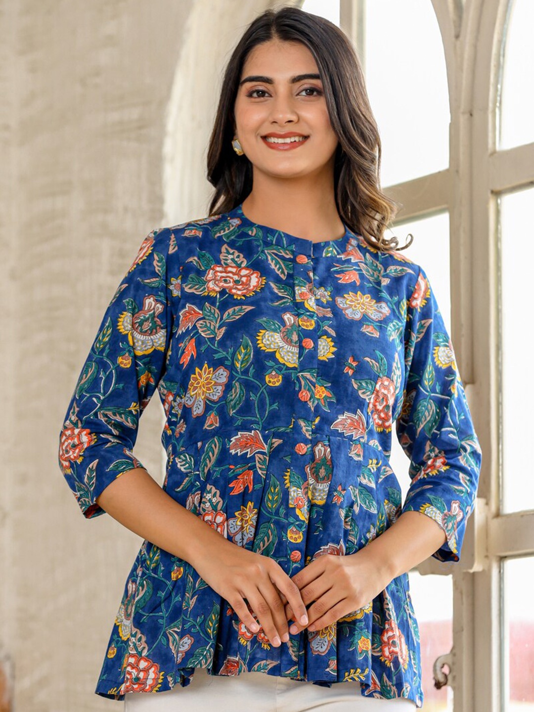 

Jaipuri Adaah Floral Printed Mandarin Collar Cotton Tunic, Blue