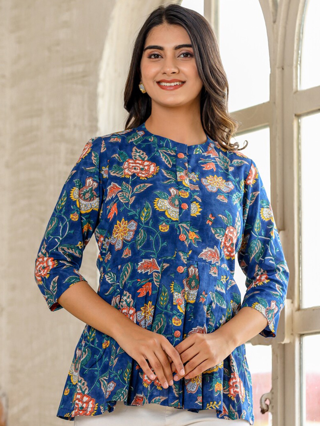 

Jaipuri Adaah Hand Block Printed Cotton Ethnic Tunic, Blue