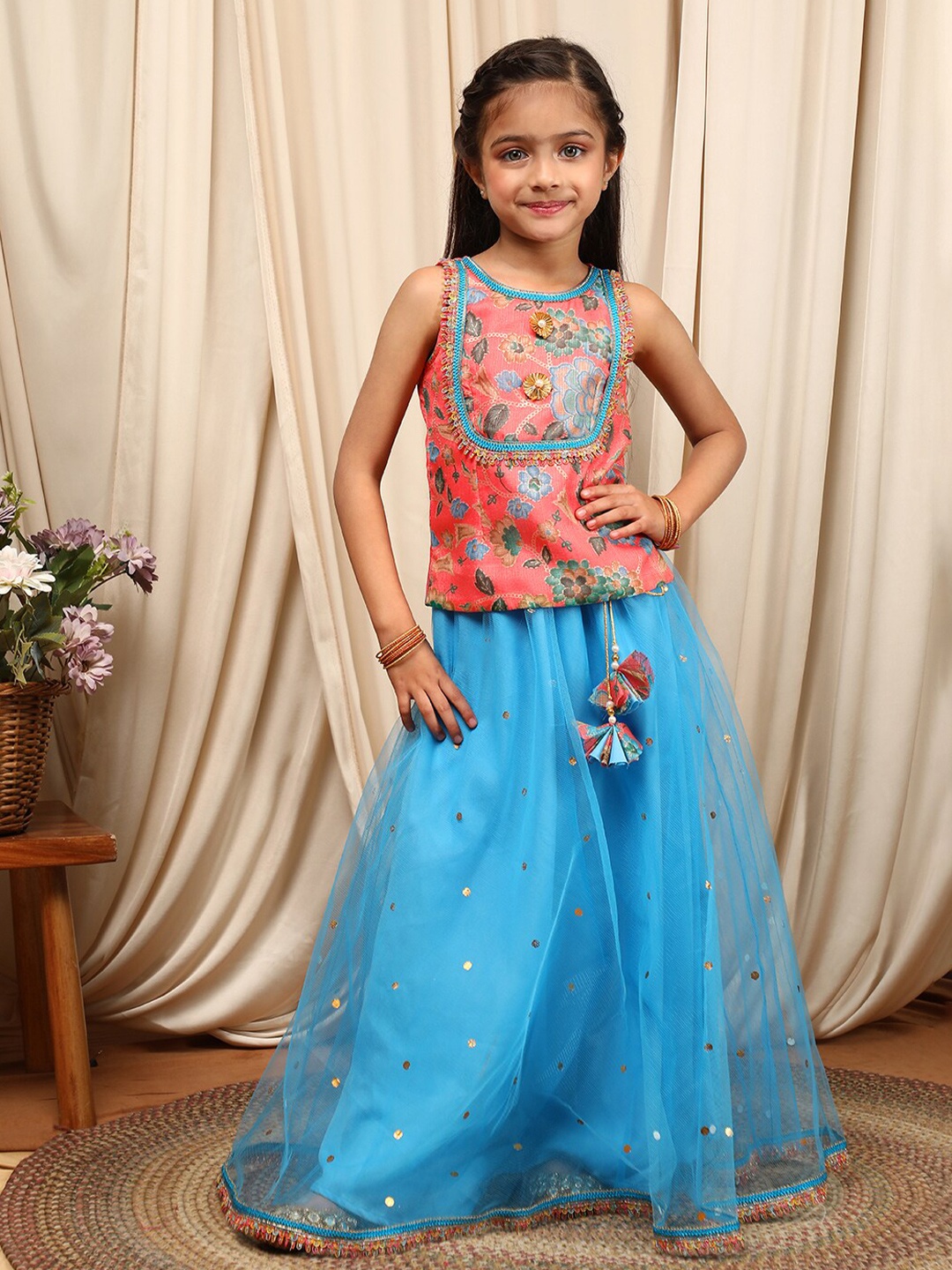 

pspeaches Girls Printed Sequinned Ready to Wear Lehenga & Blouse With Dupatta, Blue