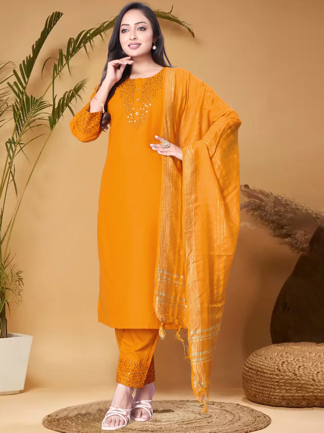 

Anouk Floral Embroidered Regular Sequinned Kurta With Trousers & Dupatta, Mustard