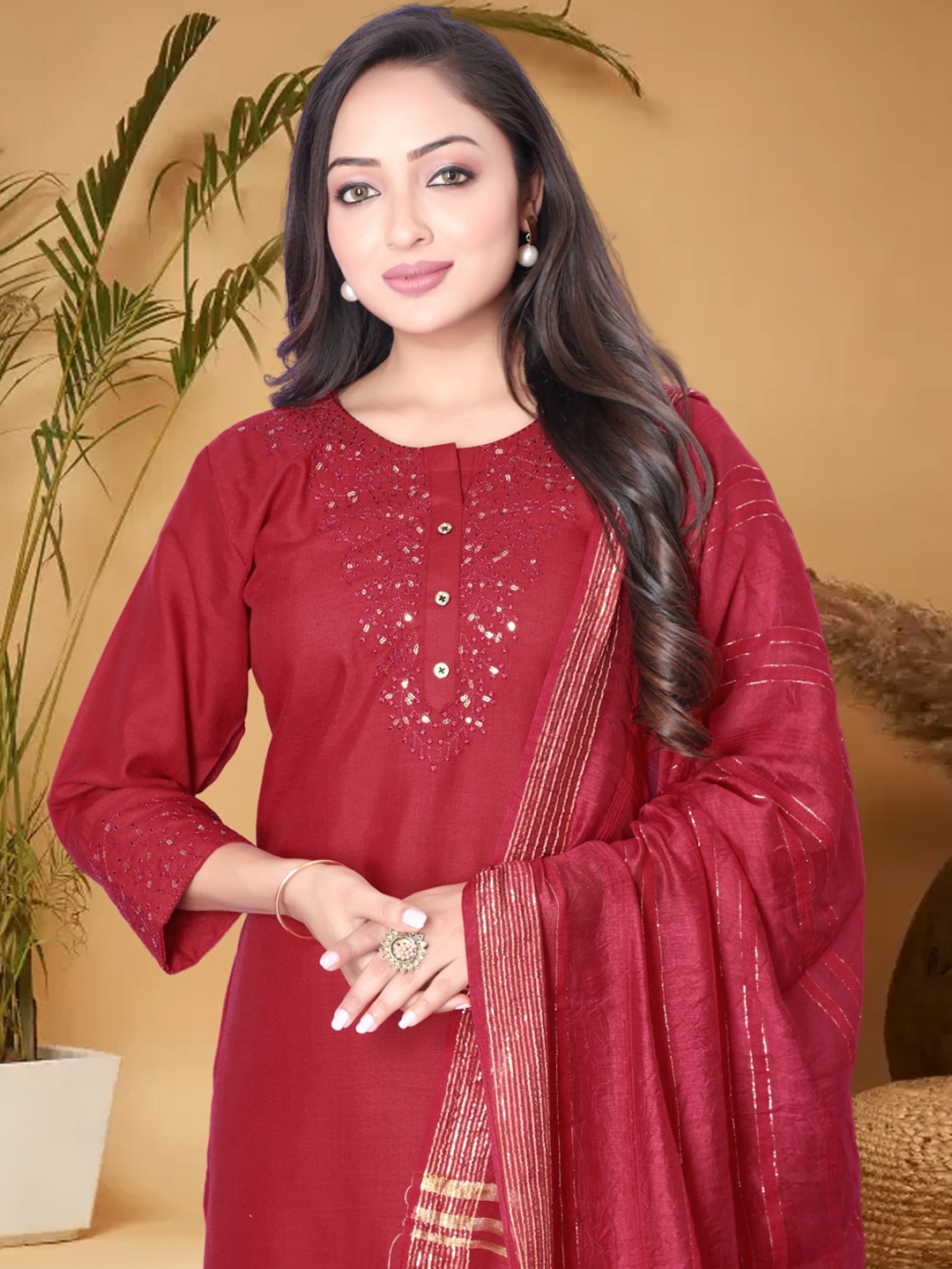 

Anouk Maroon Ethnic Motifs Yoke Design Sequined Straight Kurta with Trouser & Dupatta