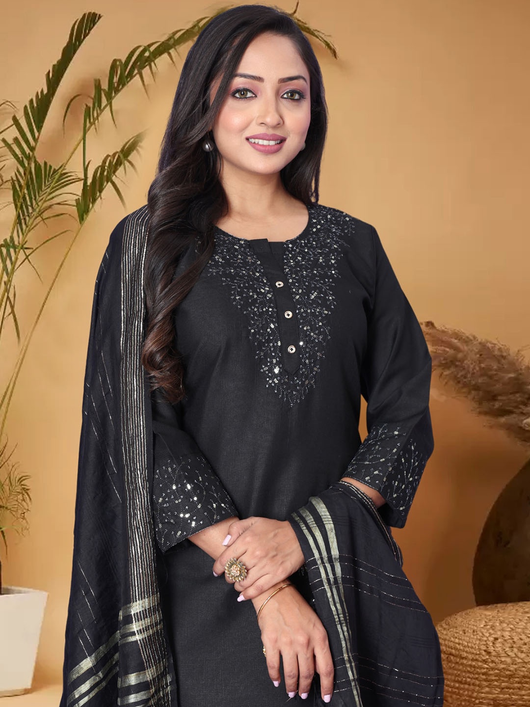 

Anouk Black Ethnic Motifs Yoke Design Sequinned Straight Kurta & Trouser With Dupatta