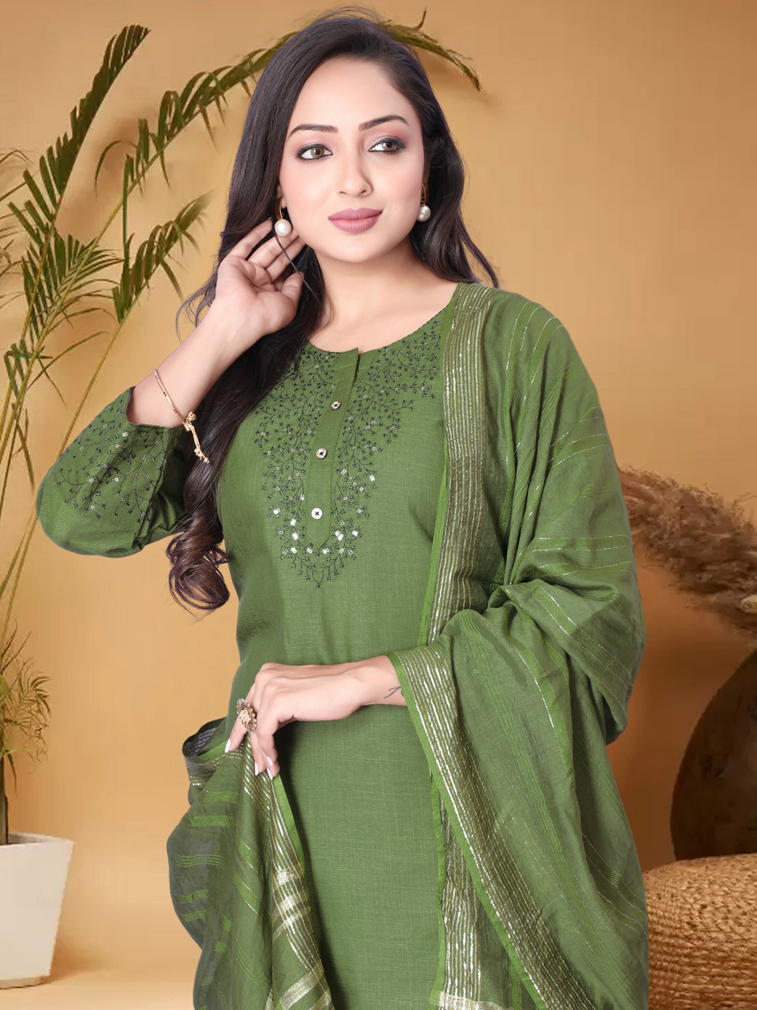 

Anouk Green Ethnic Motifs Yoke Design Sequined Straight Kurta with Trouser & Dupatta