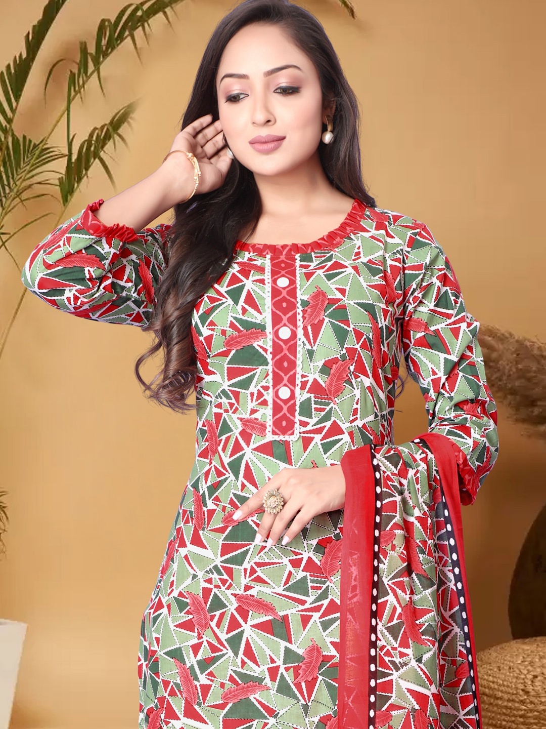 

Anouk Red Floral Printed Pure Cotton Straight Kurta With Trousers & Dupatta