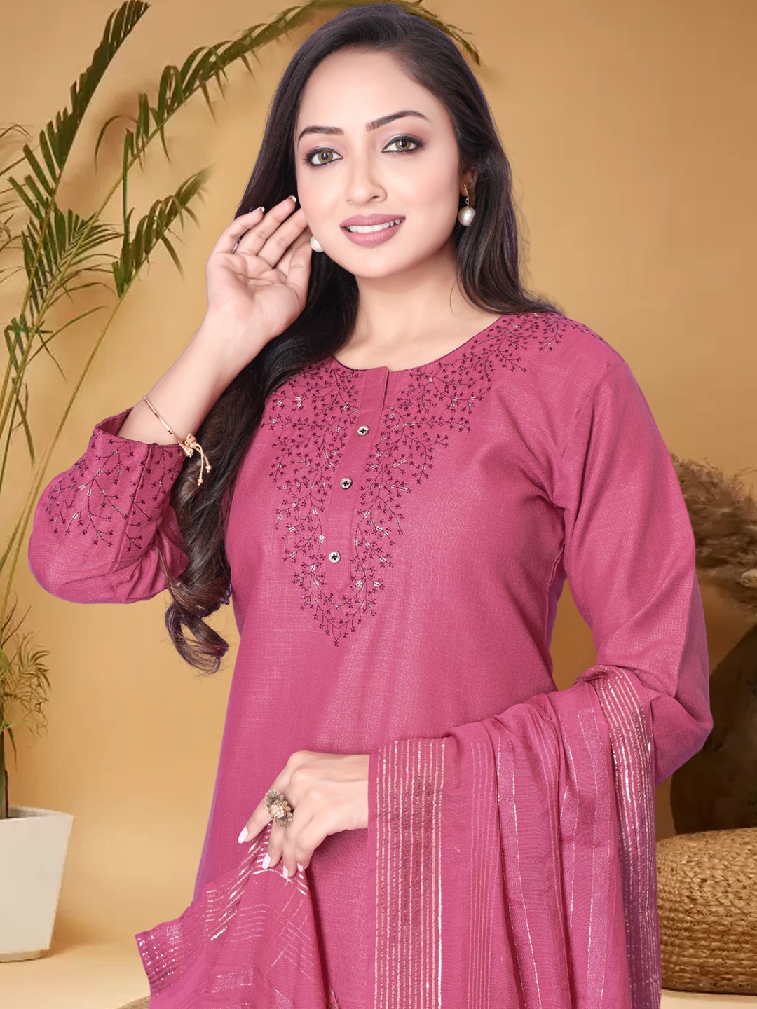 

Anouk Pink Ethnic Motifs Yoke Design Sequined Straight Kurta with Trouser & Dupatta
