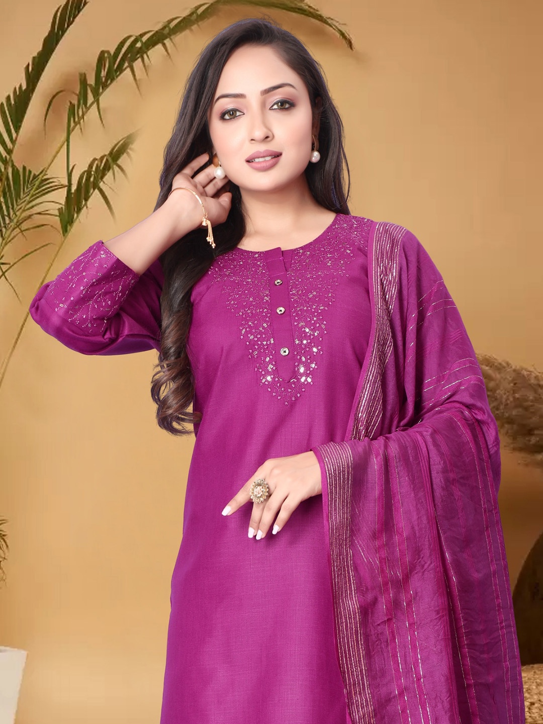 

Anouk Floral Embroidered Regular Sequinned Kurta With Trousers & Dupatta, Purple