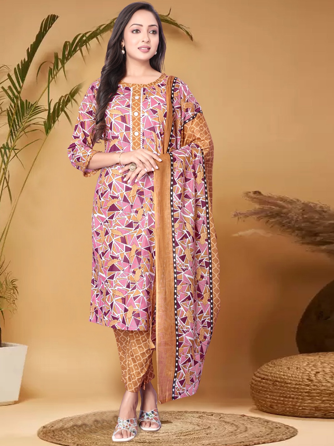 

Anouk Pink Ethnic Motifs Printed Thread Work Pure Cotton Kurta With Trousers & Dupatta