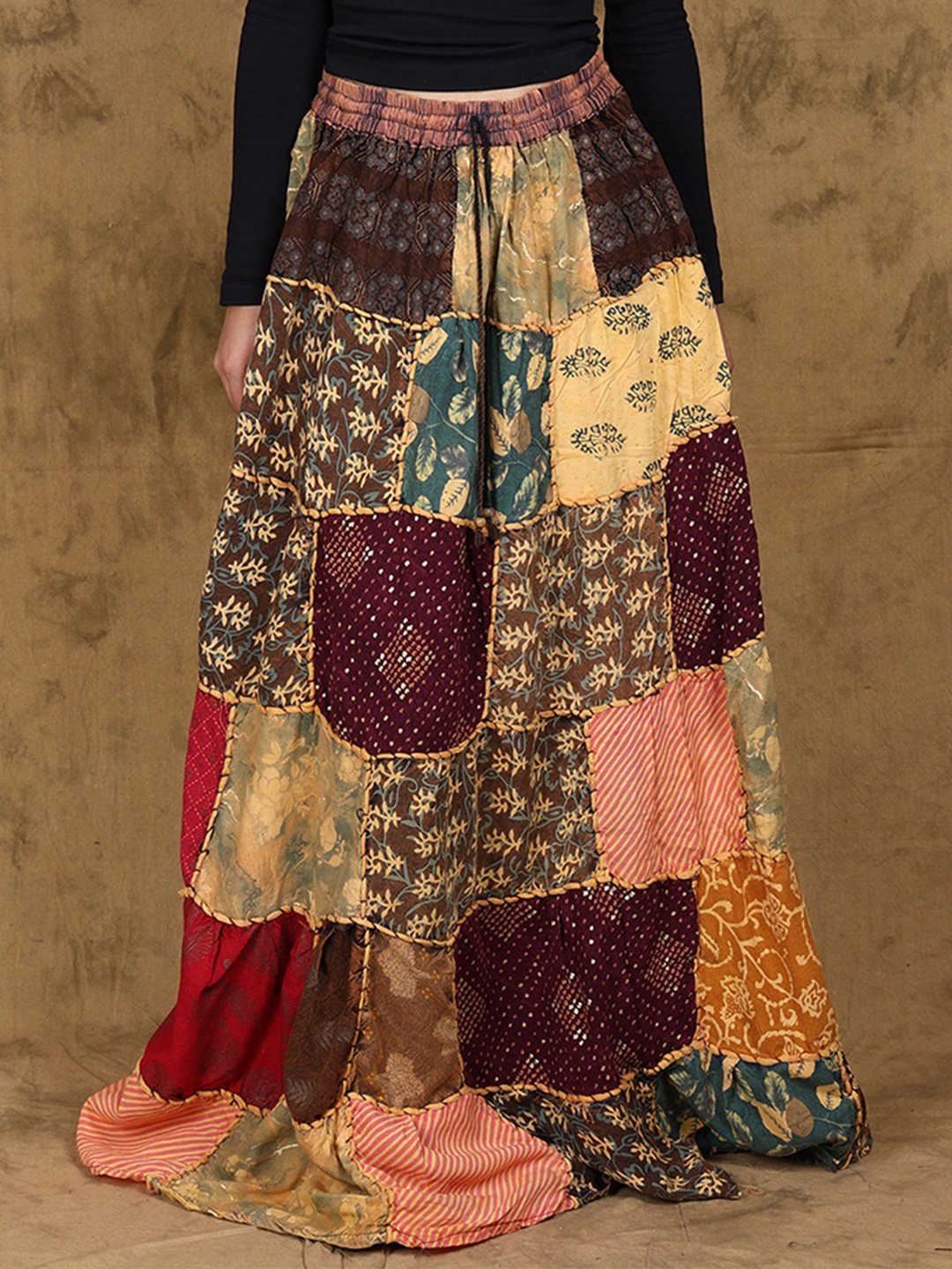 

Exotic India Women Printed Flared Maxi Skirts, Beige