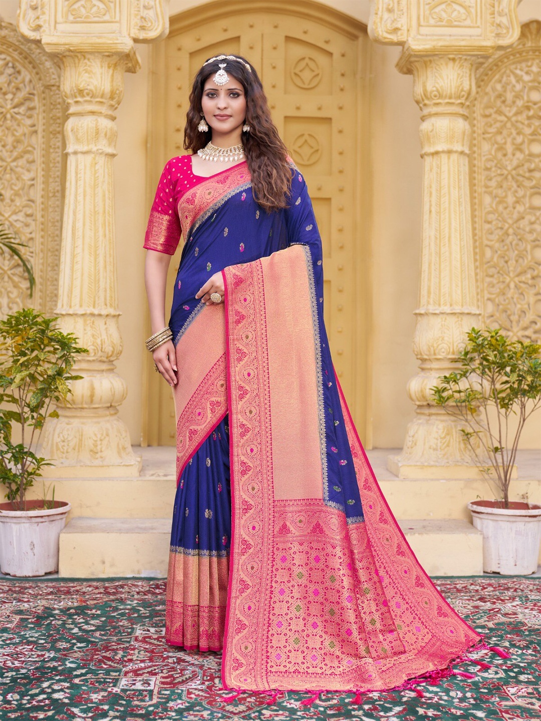 

IndianRang Ethnic Motifs Woven Design Zari Pure Silk Saree, Navy blue