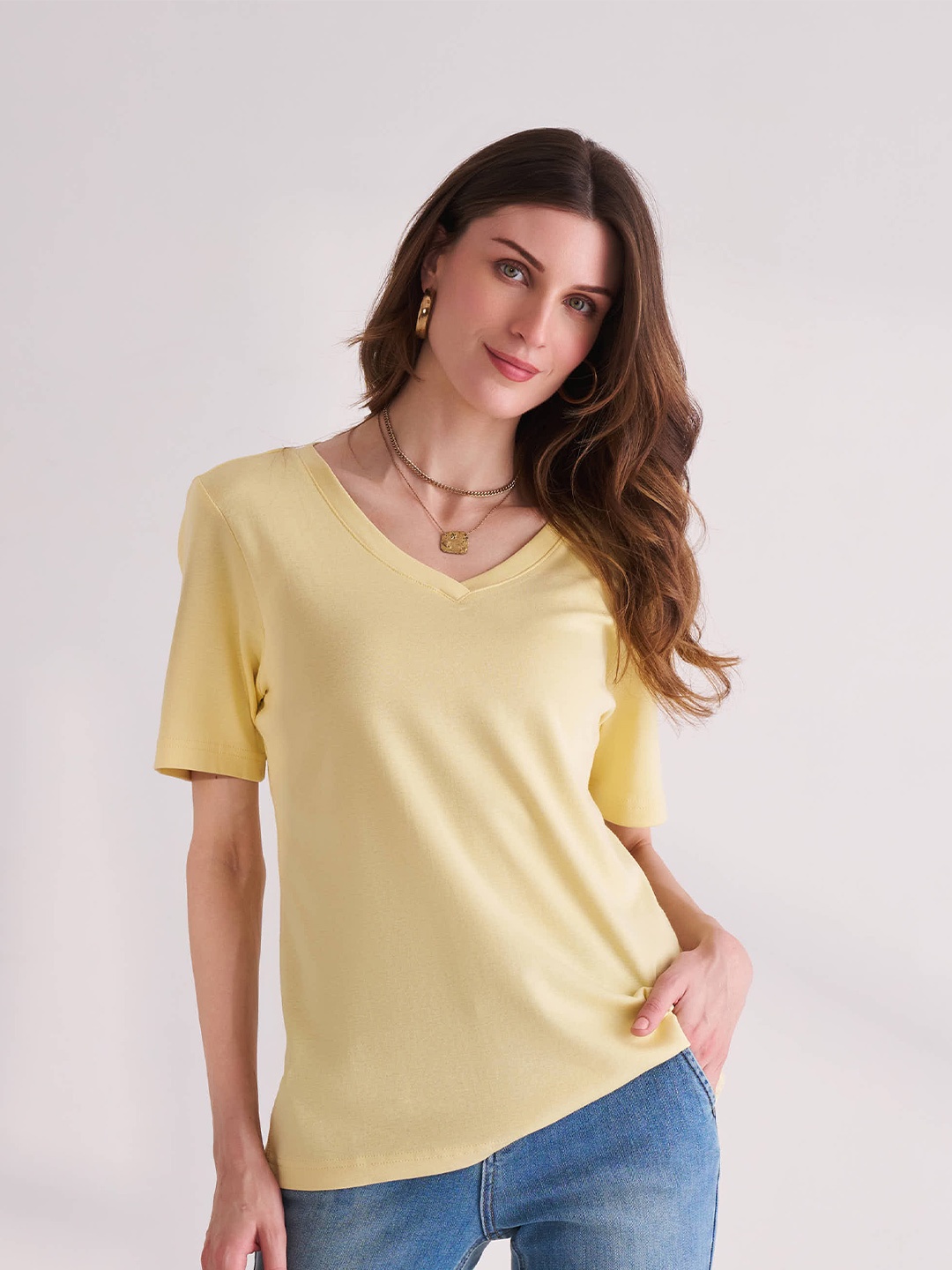 

B.Copenhagen V-Neck Relaxed Fit Pure Cotton T-shirt, Yellow