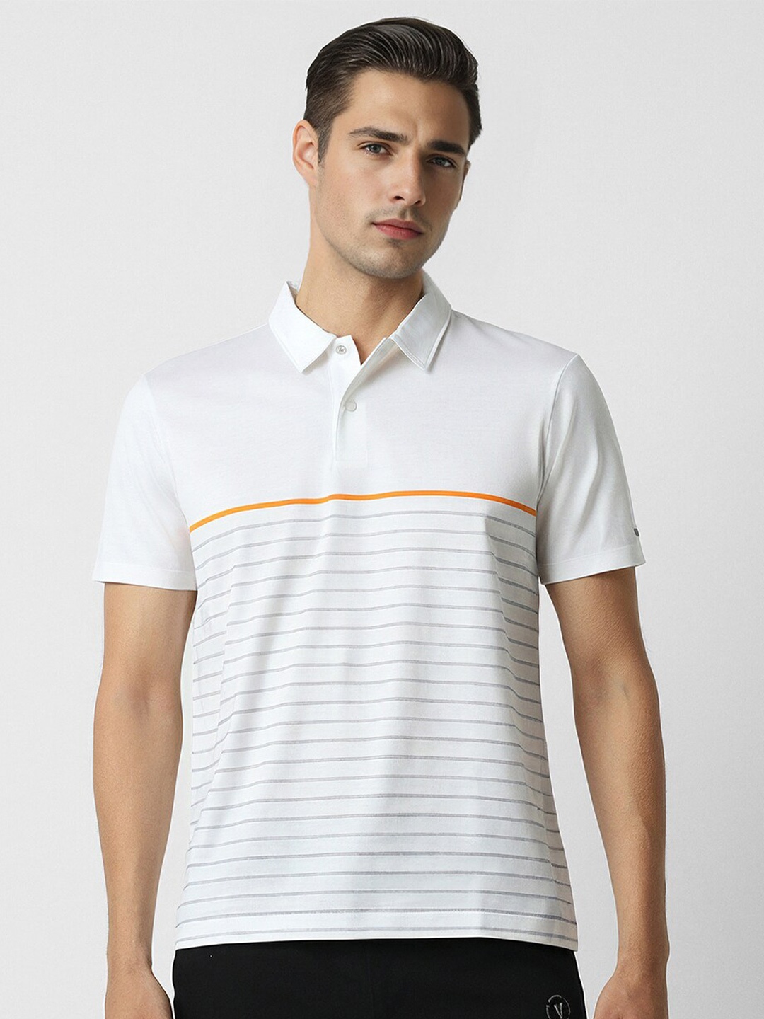 

Van Heusen Striped Polo Collar Cotton T-shirt, White