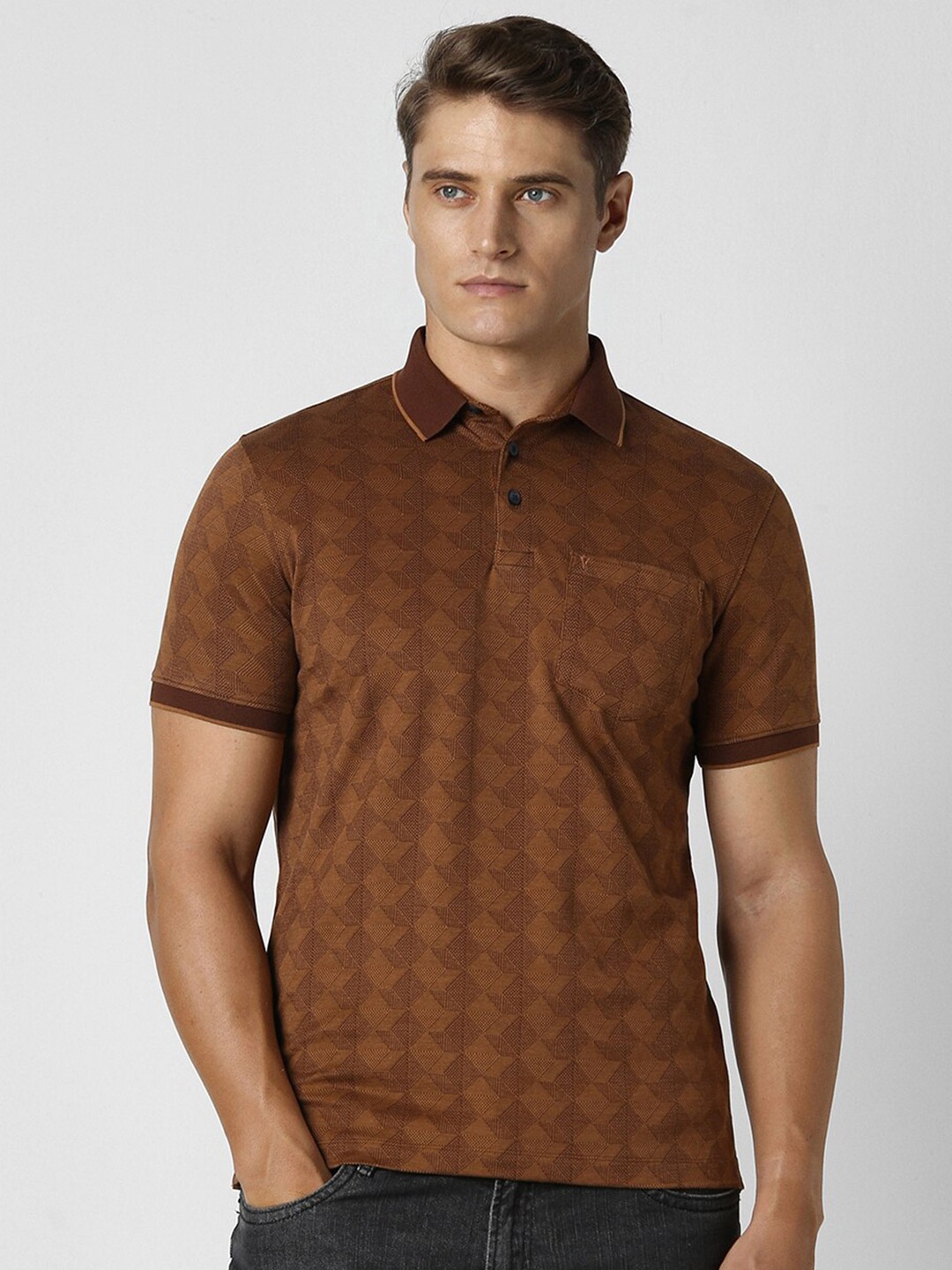 

Van Heusen Sport Self Design Polo Collar Cotton T-shirt, Brown