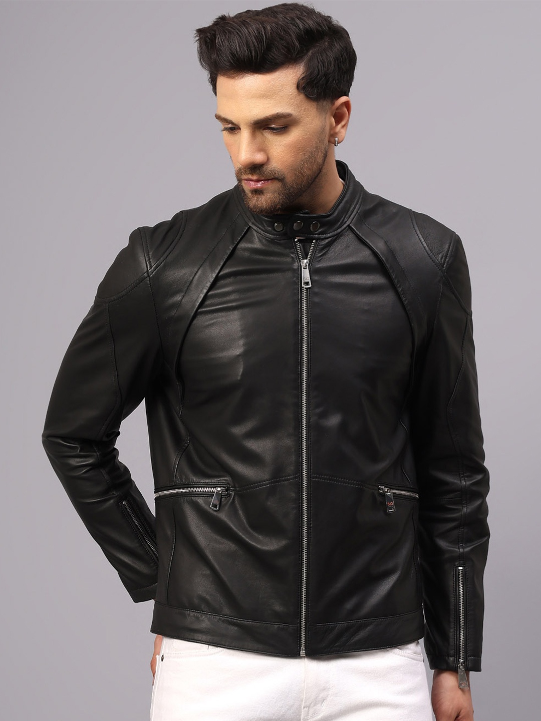 

Saint G Leather Water Resistant Biker Jacket, Black