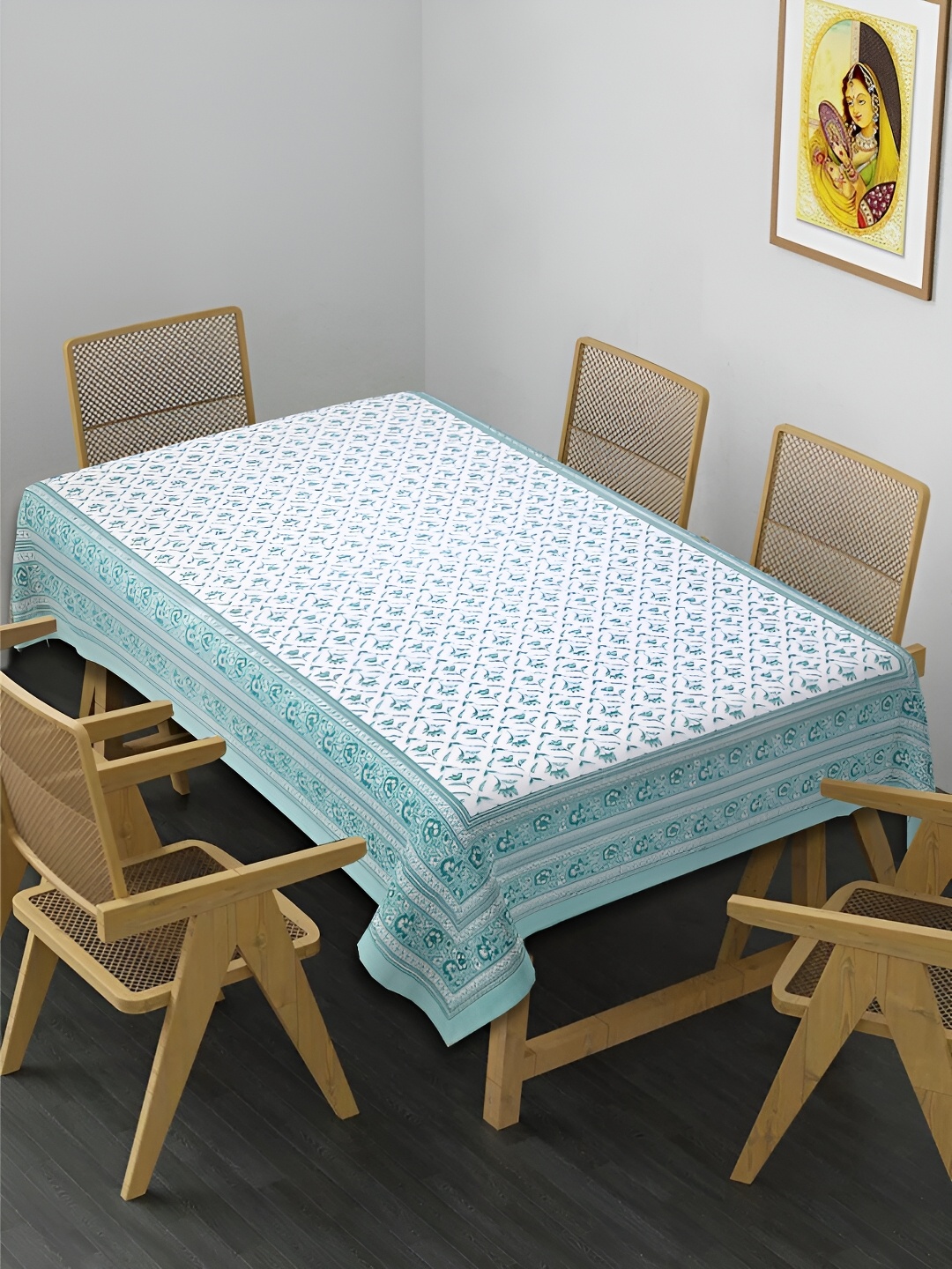 

INDHOME LIFE Green Floral Cotton Rectangle 6-Seater Table Cover