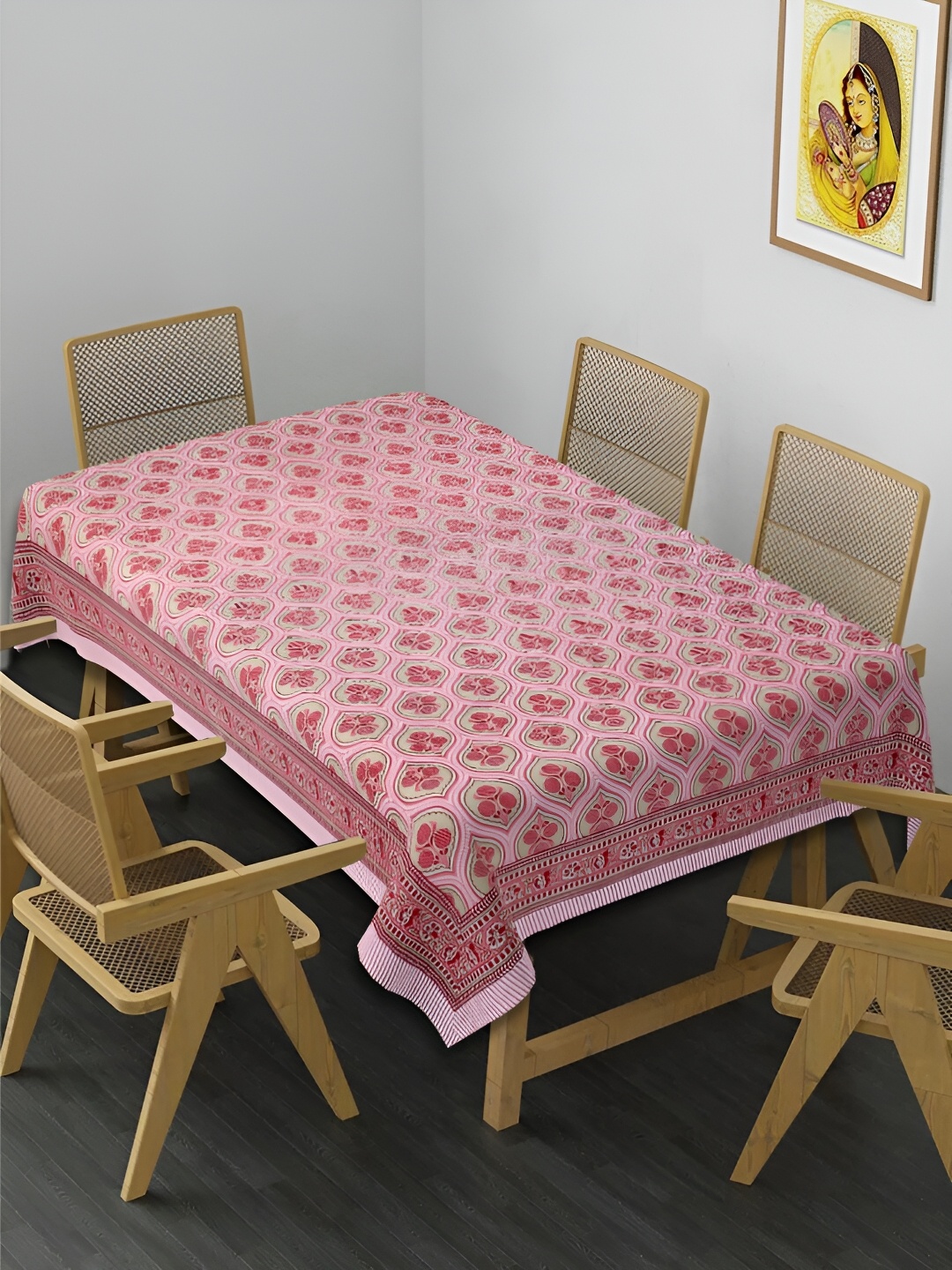 

INDHOME LIFE Pink Floral Cotton Rectangle 6-Seater Table Cover