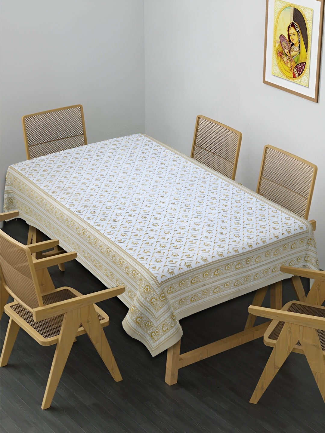 

INDHOME LIFE White Floral Cotton Rectangle 6-Seater Table Cover