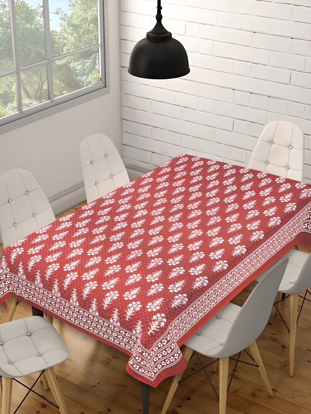 

INDHOME LIFE Maroon Floral Cotton Rectangle 6-Seater Table Cover