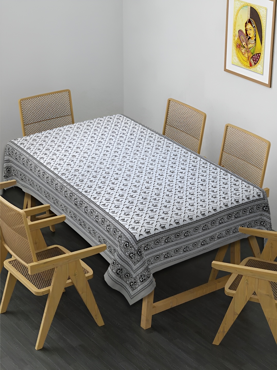 

INDHOME LIFE Grey Floral Cotton Rectangle 6-Seater Table Cover
