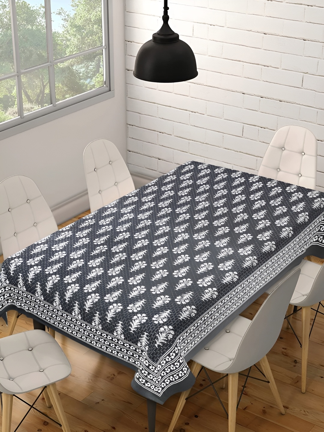 

INDHOME LIFE Grey Floral Cotton Rectangle 6-Seater Table Cover