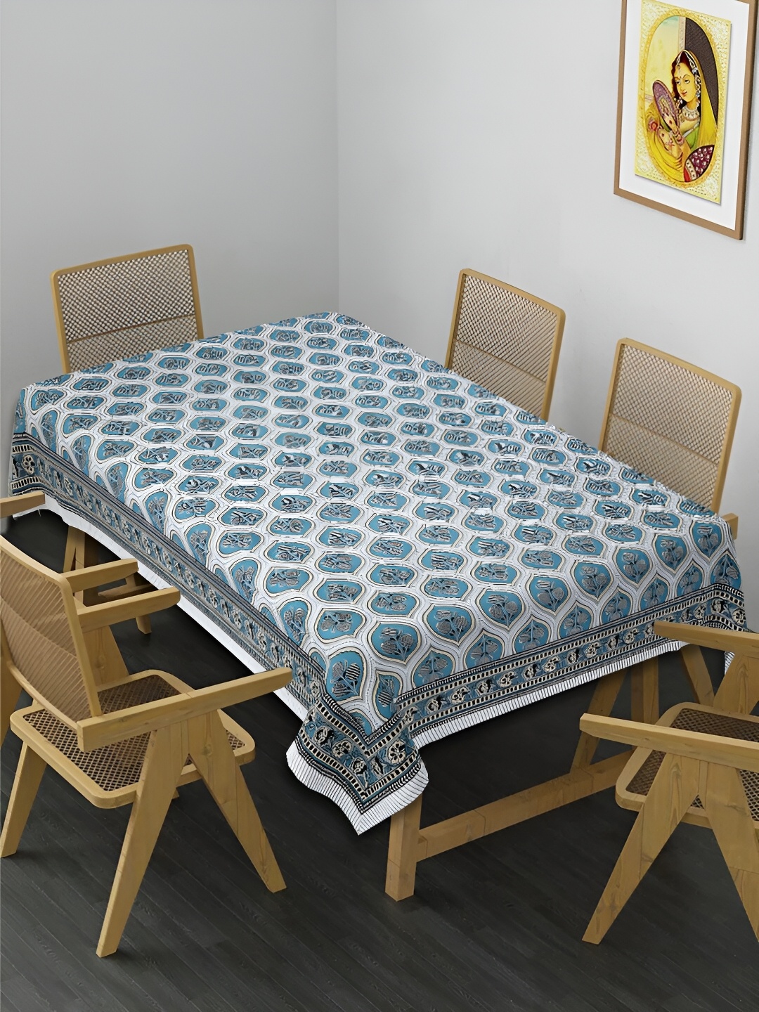

INDHOME LIFE Blue Floral Cotton Rectangle 6-Seater Table Cover