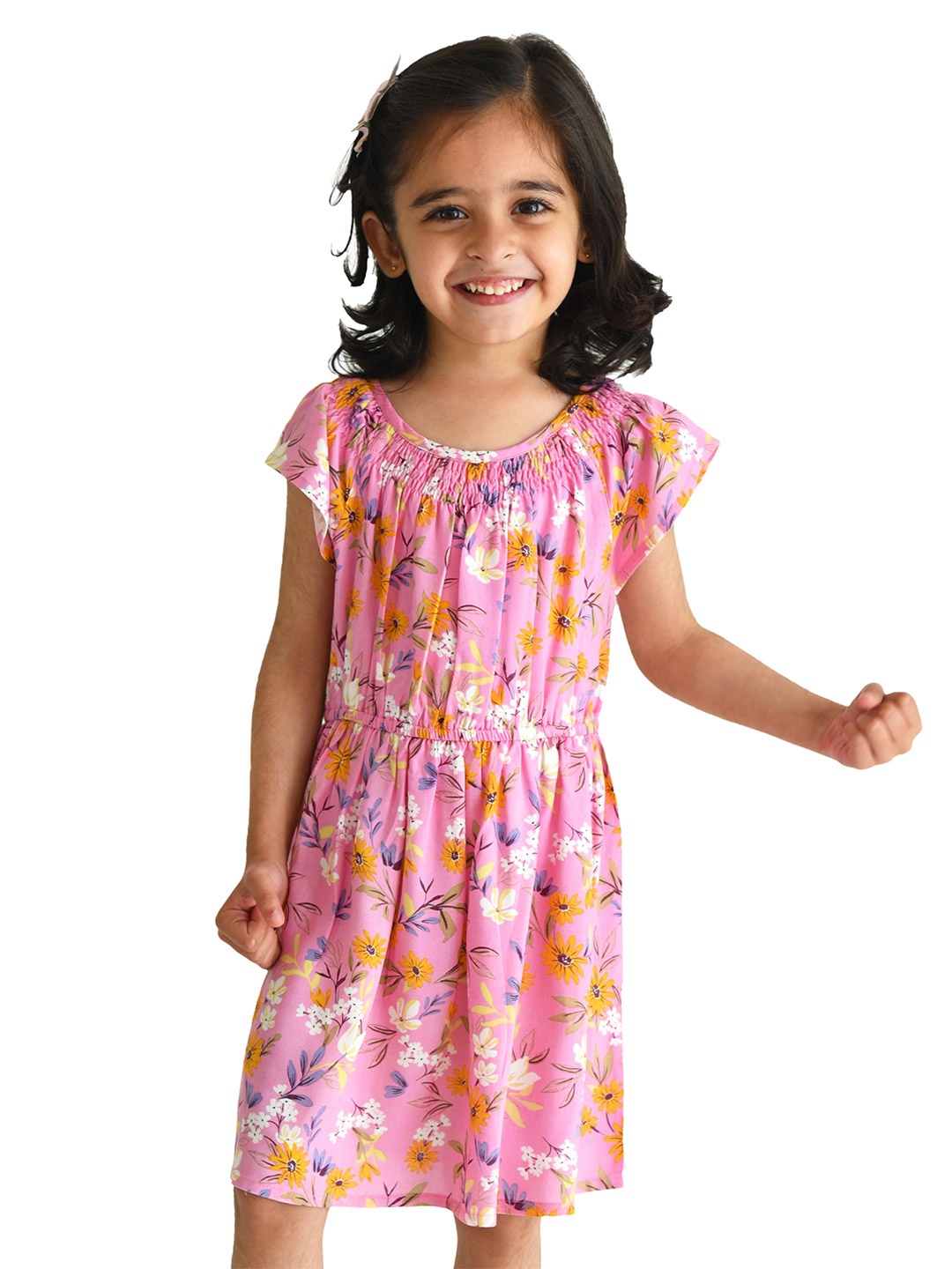 

Campana Girls Printed Knee Length Fit &Flare Dress, Pink