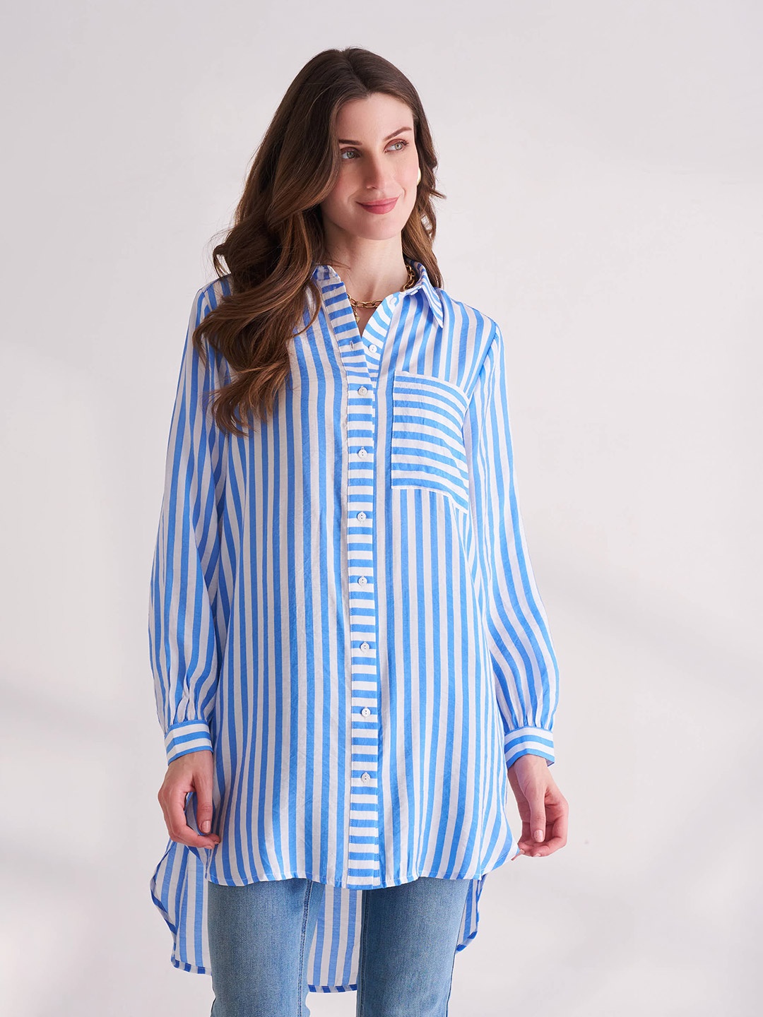 

B.Copenhagen Relaxed Vertical Striped Spread Collar Casual Shirt, Blue