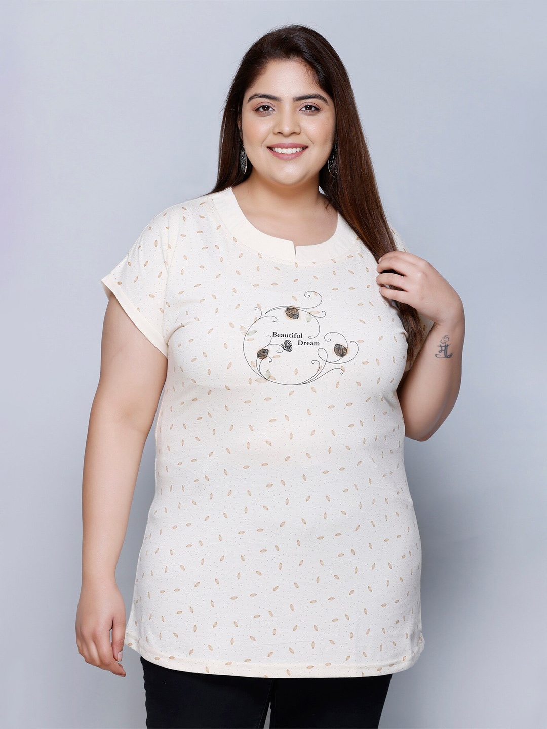 

IN Love Round Neck Graphic Printed Pure Cotton Oversized T-shirt, Cream