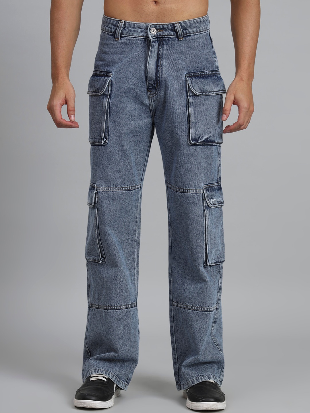 

PBY Men Loose Fit Low-Rise Heavy Fade Cargo Jeans, Blue