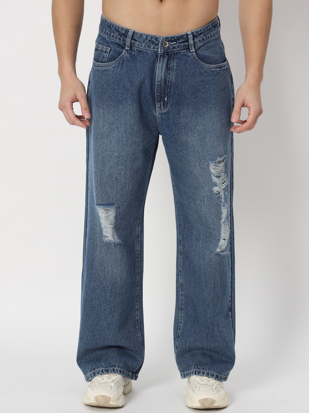 

PBY Men Slim Fit Low-Rise Mildly Distressed Light Fade Cotton Jeans, Blue