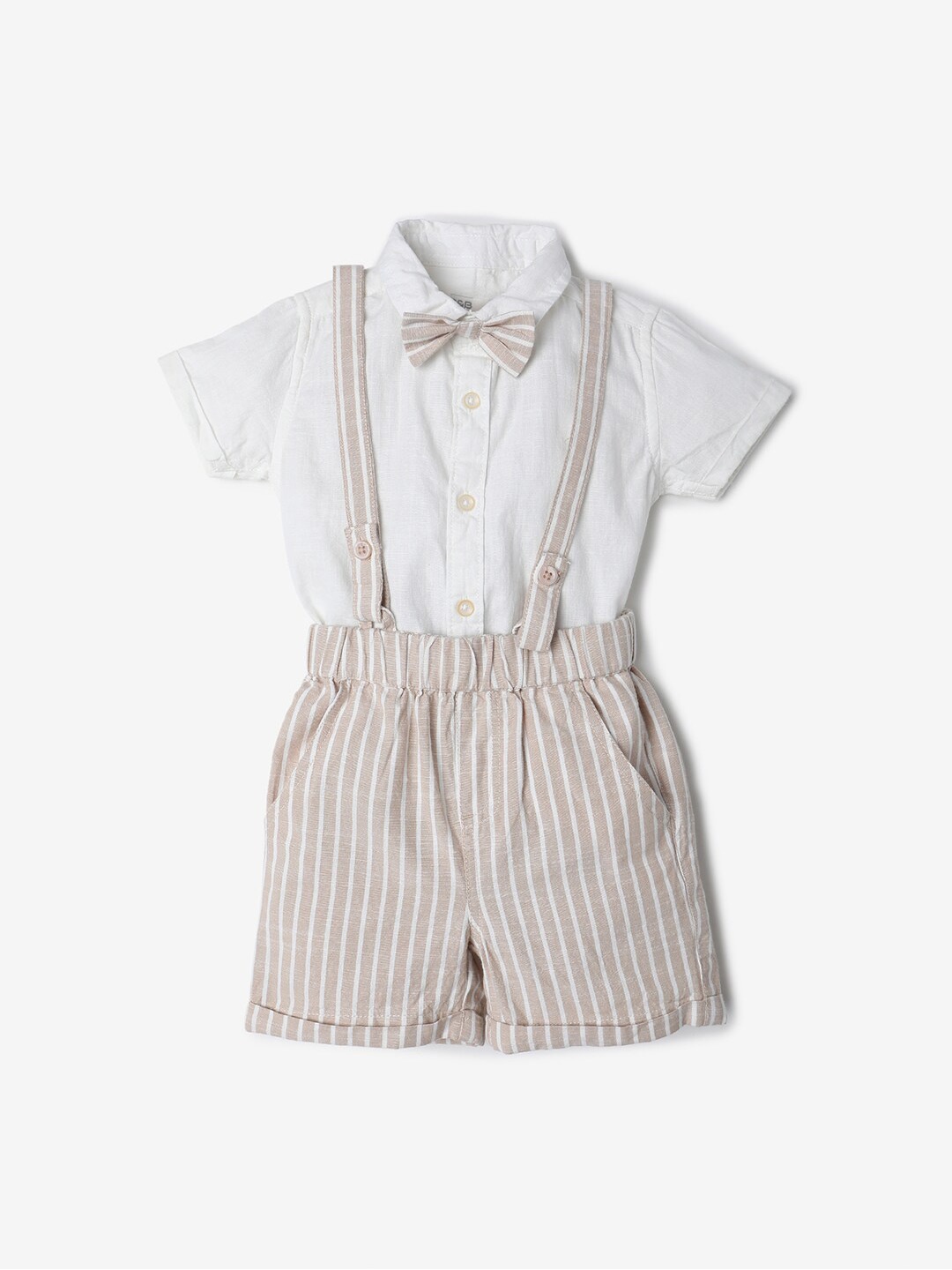 

R&B Boys Pure Cotton Shirt With Striped Shorts, Beige