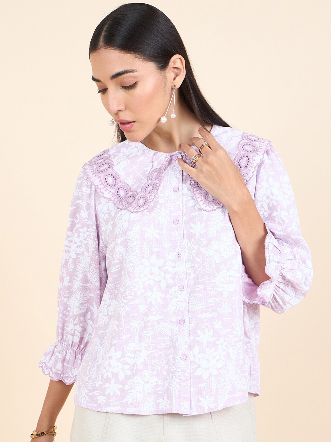 

Gipsy Floral Printed Peter Pan Collar Bell Sleeve Cotton Shirt Style Top, Purple